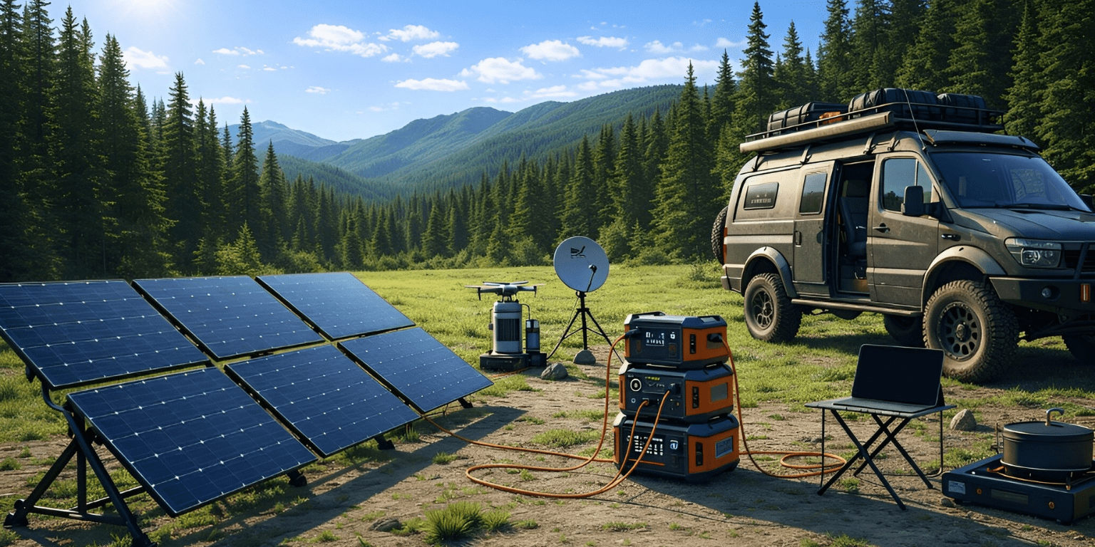 Cover hp mysolarpanelkit 4x4 camper in sunny forest clearing with solar panels, power stations, drone, satellite dish, and outdoor cooking gear.
