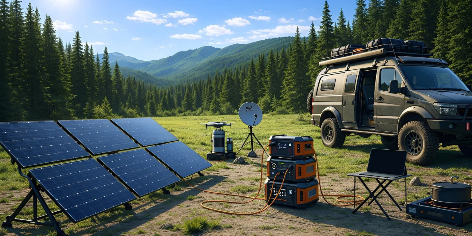 Cover HP mysolarpanelkit 4x4 camper in sunny forest clearing with solar panels, power stations, drone, satellite dish, and outdoor cooking gear.